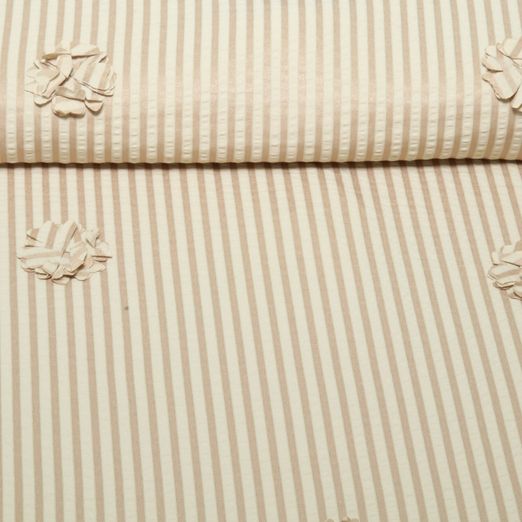 Seersucker - Rayures brodées de fleurs, Beige Seersucker - Rayures brodées de fleurs, Beige