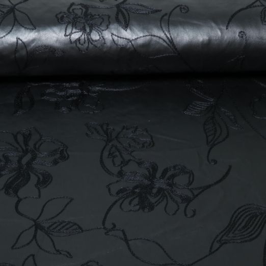 Kunstleder - Bestickt Blumen Stretch Schwarz Kunstleder - Bestickt Blumen Stretch Schwarz