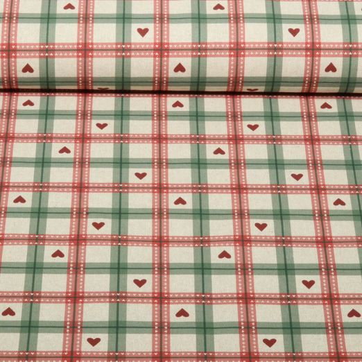 Toile canevas coton - Aspect lin X-Mas carreaux cœurs beige et multicolore