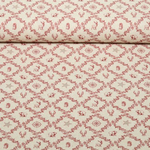 Toile canevas de coton - Aspect lin ornements de Noël beige et rouge