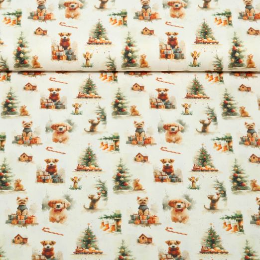 Baumwoll-Popeline - Digital Xmas Süße Katzen und Hunde Beige