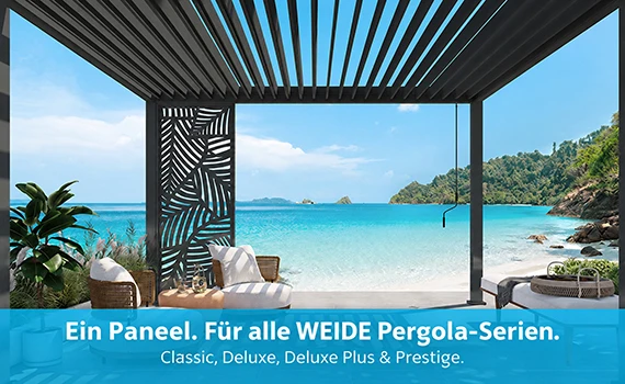 Seitenwand Pergola Paneel Blattdesign Anthrazit an Weide Pergola montiert vor einem Strand
