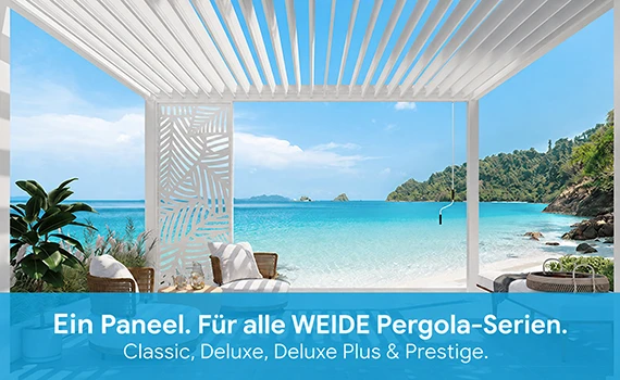 Seitenwand Pergola Paneel Blattdesign Anthrazit an Weide Pergola montiert vor einem Strand