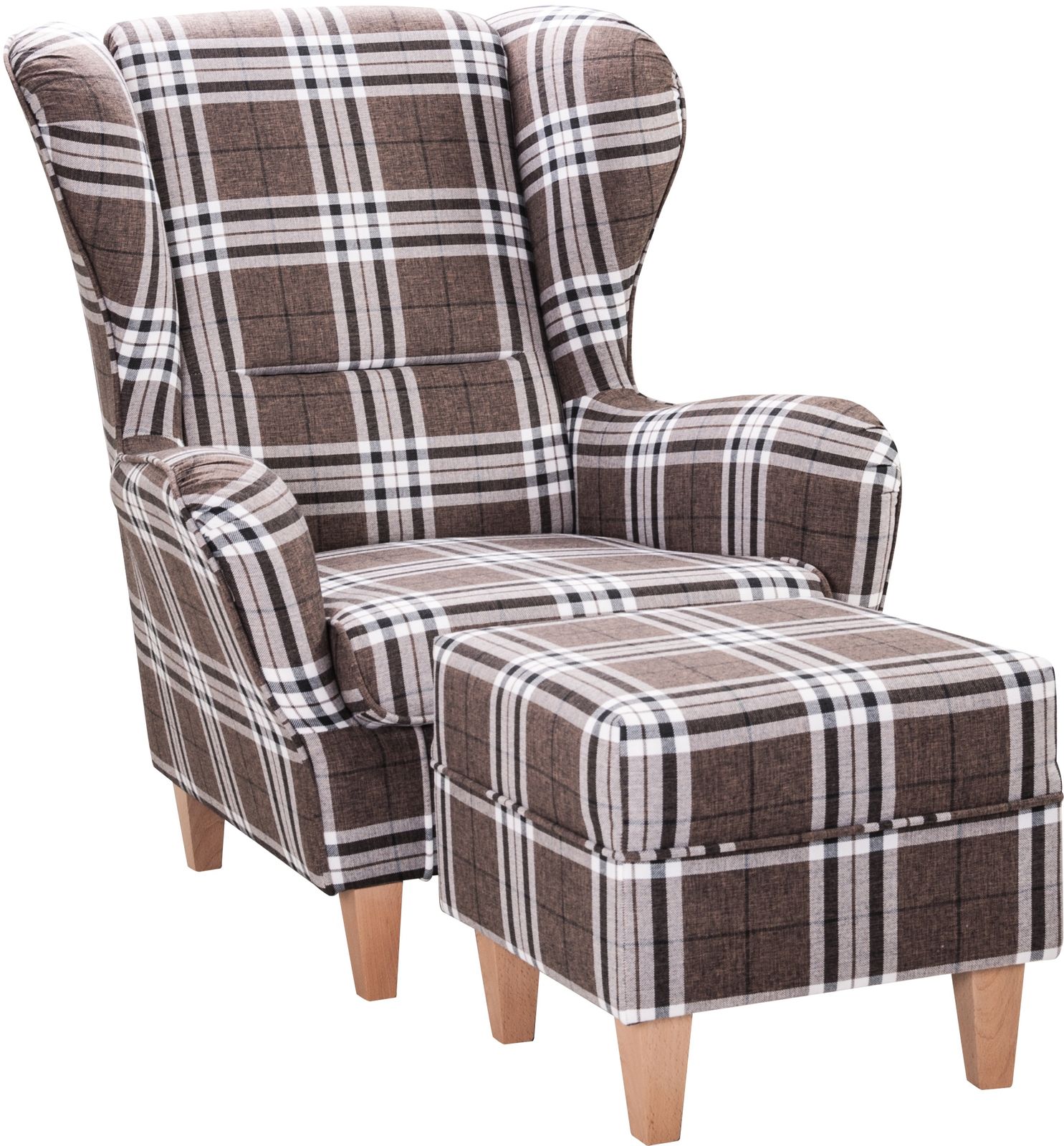 Ohrensessel mit Hocker Sofia Oxford braun