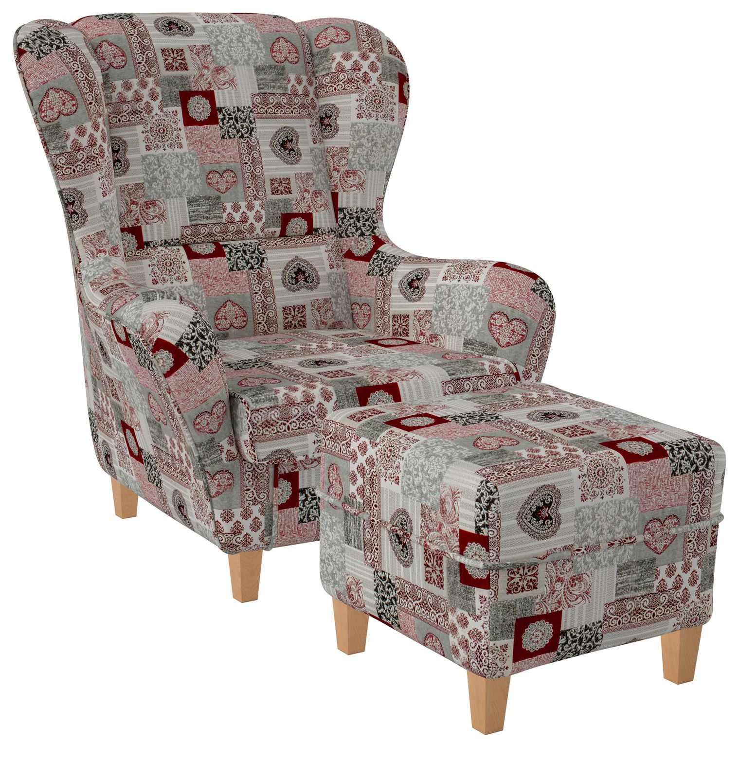 Ohrensessel mit Hocker Sofia Patchwork Herz