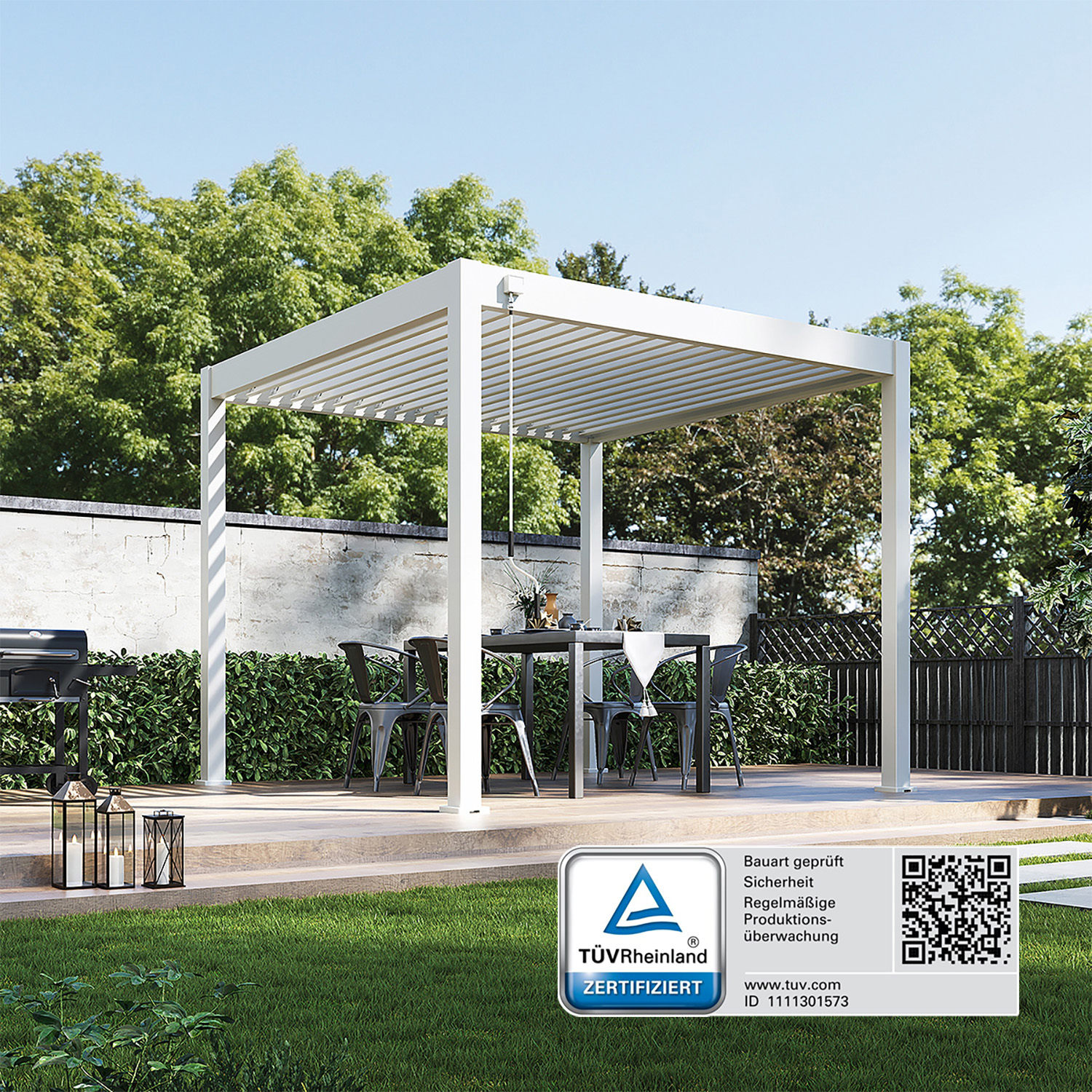 Weide Pergola Classic Pavillon Terrassenüberdachung Aluminium 3 x 3 M weiß, BxTxH: 300x300x255 cm, (Hochwertigstes Aluminium & verzinkte Stahl-Lamellen, Komplettset)