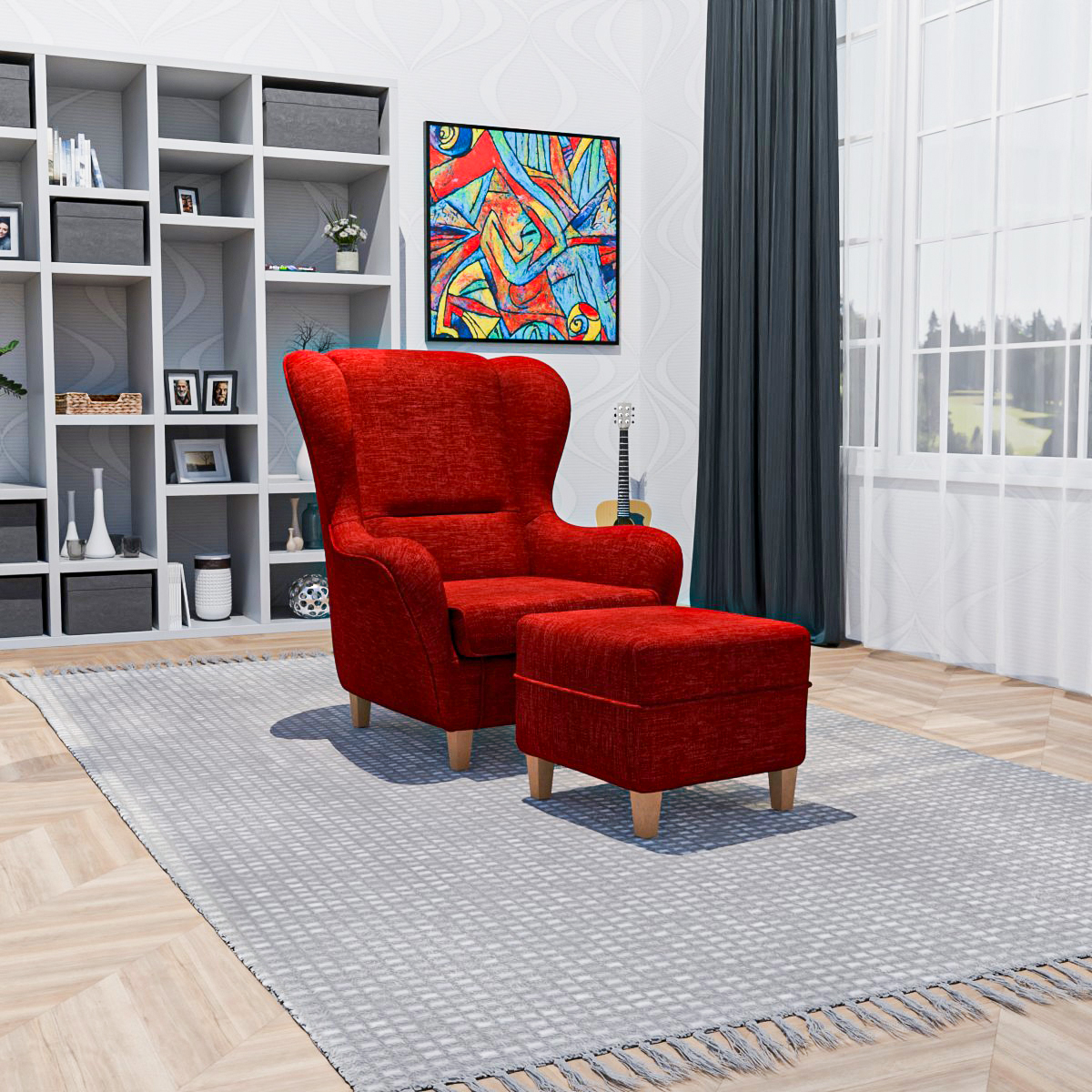 Ohrensessel mit Hocker Sofia Vienna rot