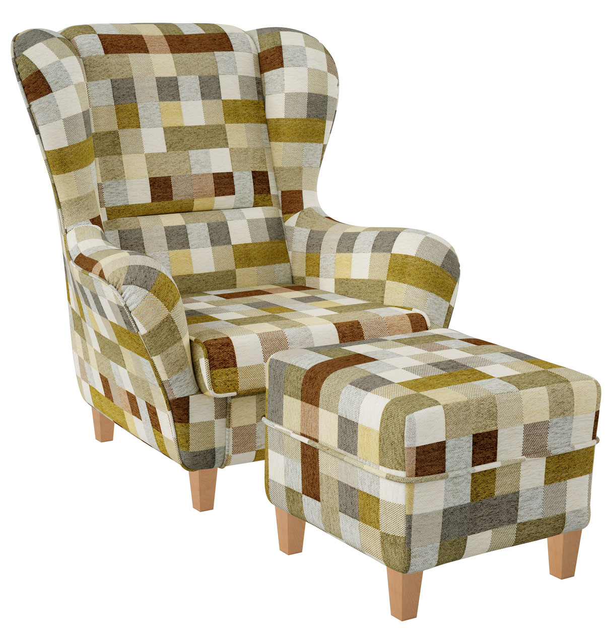 Ohrensessel mit Hocker Sofia Design kariert ockerbeige