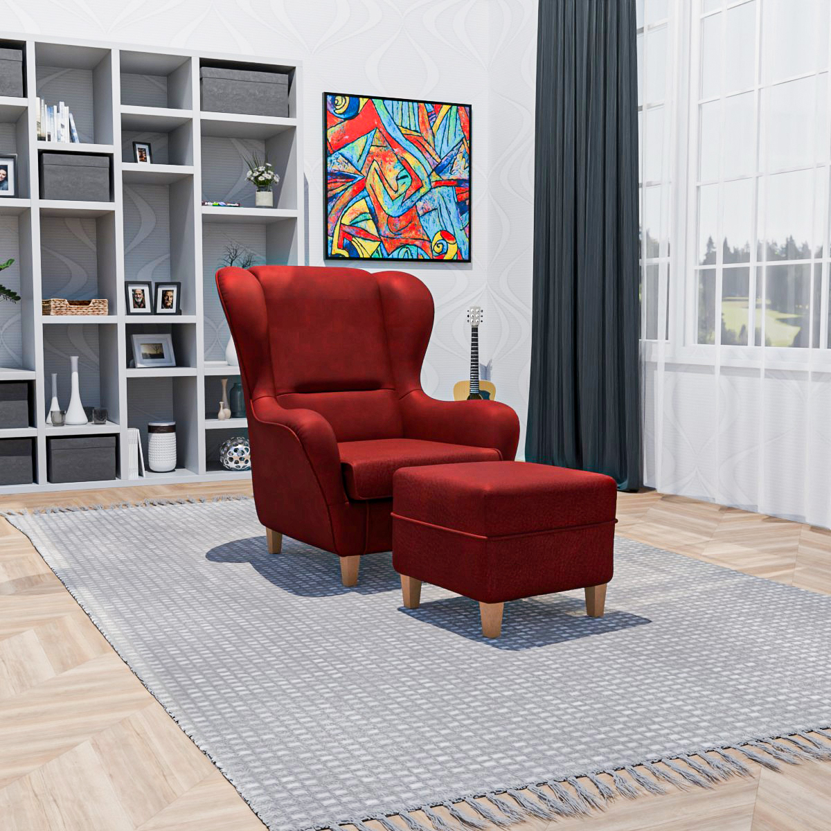 Ohrensessel mit Hocker Sofia Kunstleder Milano rot