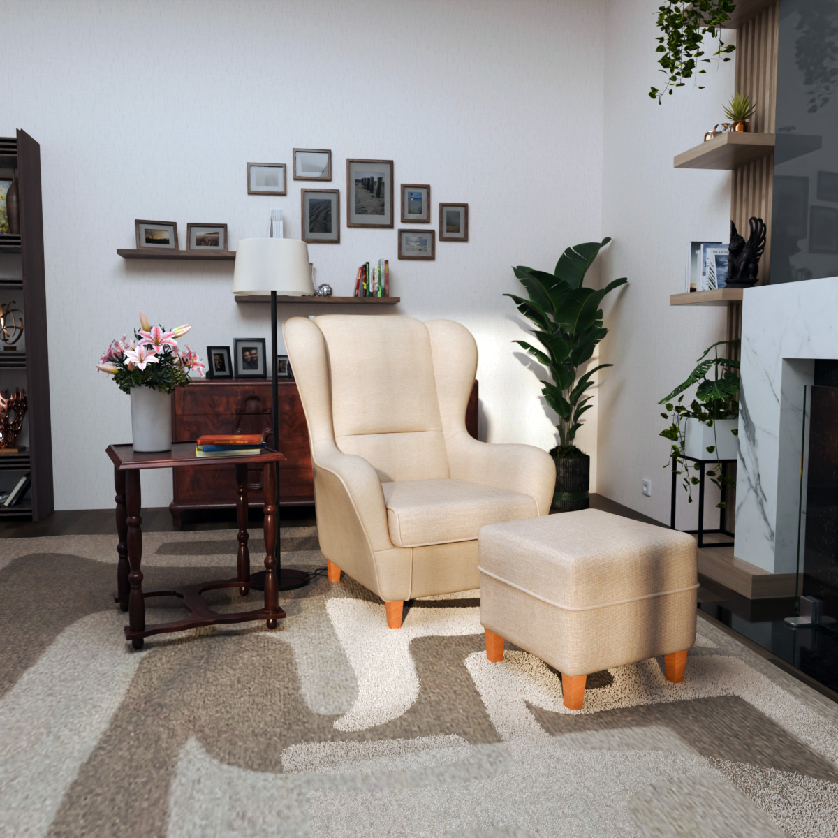 Ohrensessel mit Hocker Sofia Vienna beige