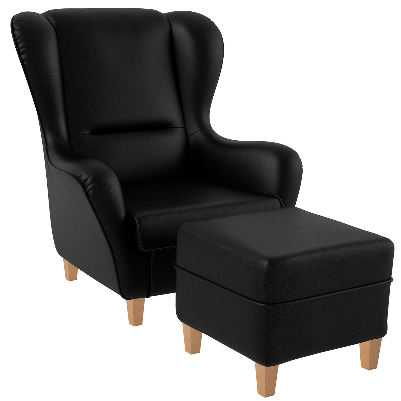 Ohrensessel mit Hocker Sofia Kunstleder Milano schwarz