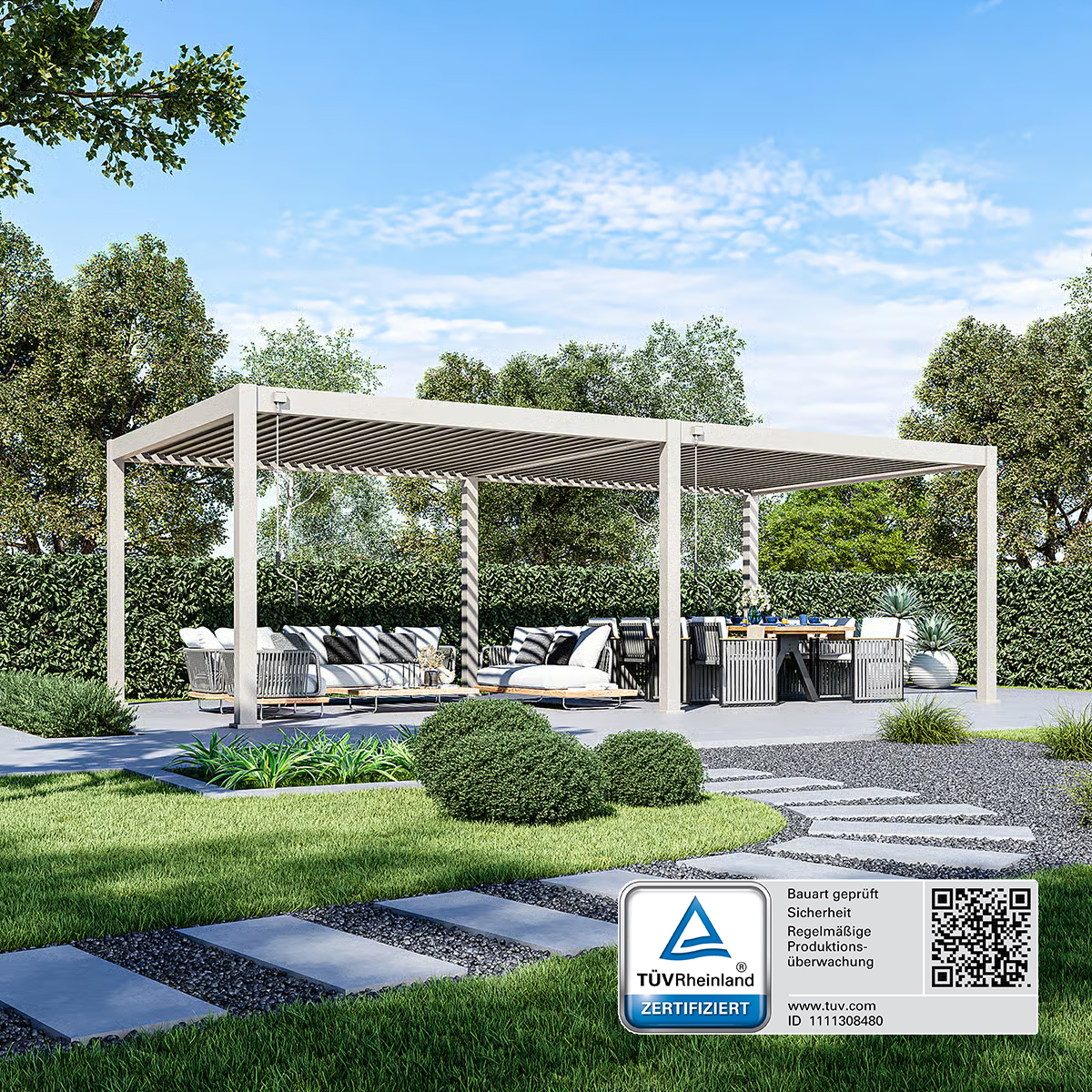 Weide Deluxe Plus Pergola Voll-Aluminium 4x8m mit Lamellendach freistehend Ivory Sand