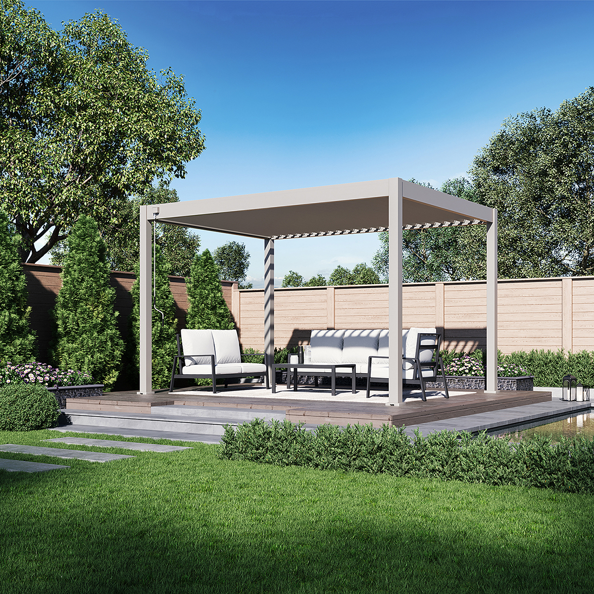 Weide Deluxe Plus Pergola Voll-Aluminium 3x4m mit Lamellendach freistehend Ivory Sand