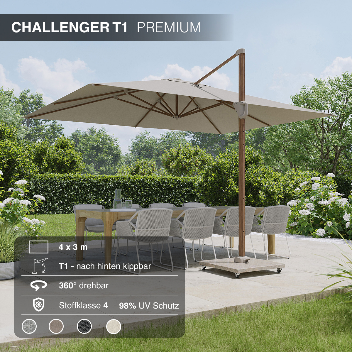 Platinum Sonnenschirm rechteckig 4x3 m Challenger T¹ Premium | hinten kippbar