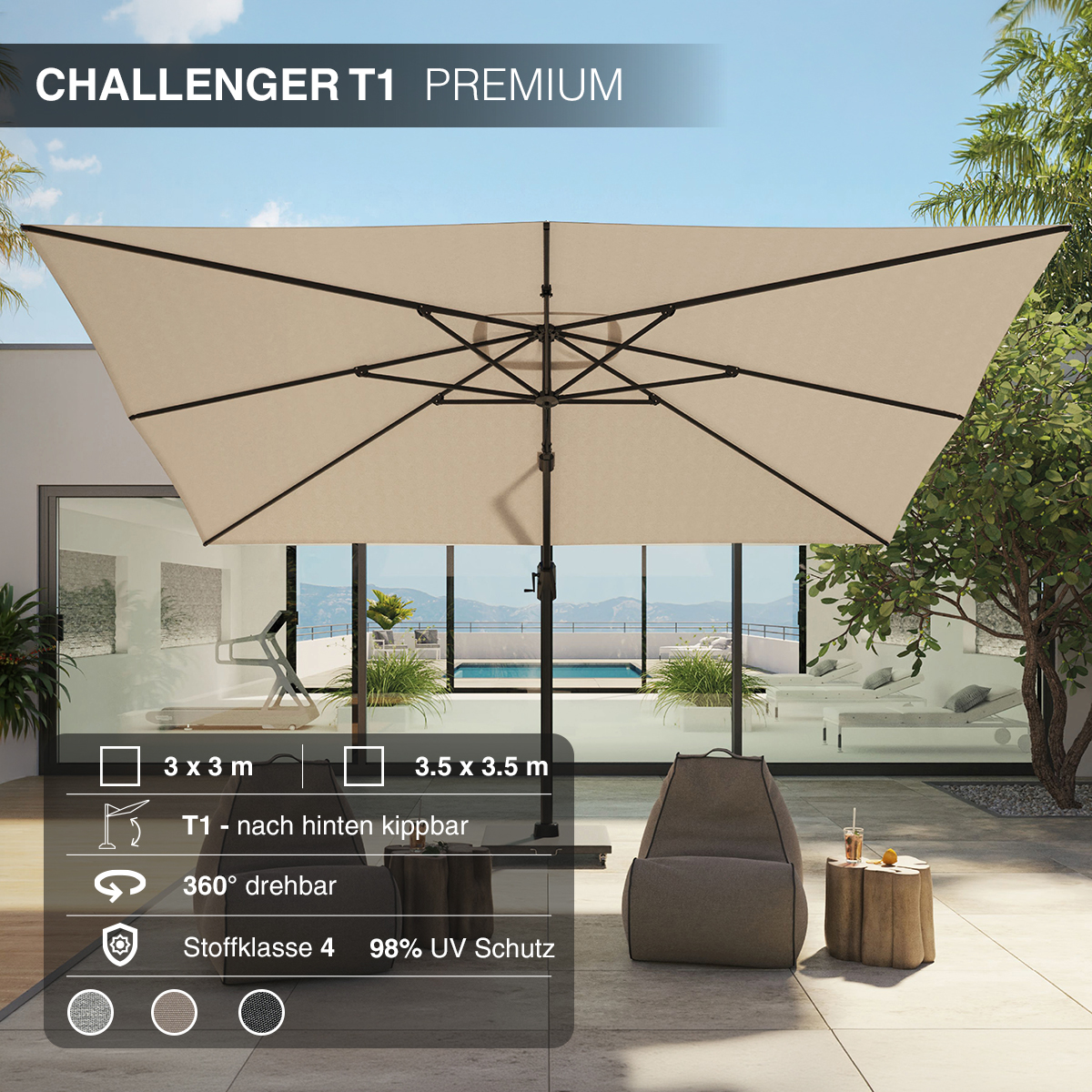 Platinum Sonnenschirm quadratisch Challenger T¹ Premium | hinten kippbar