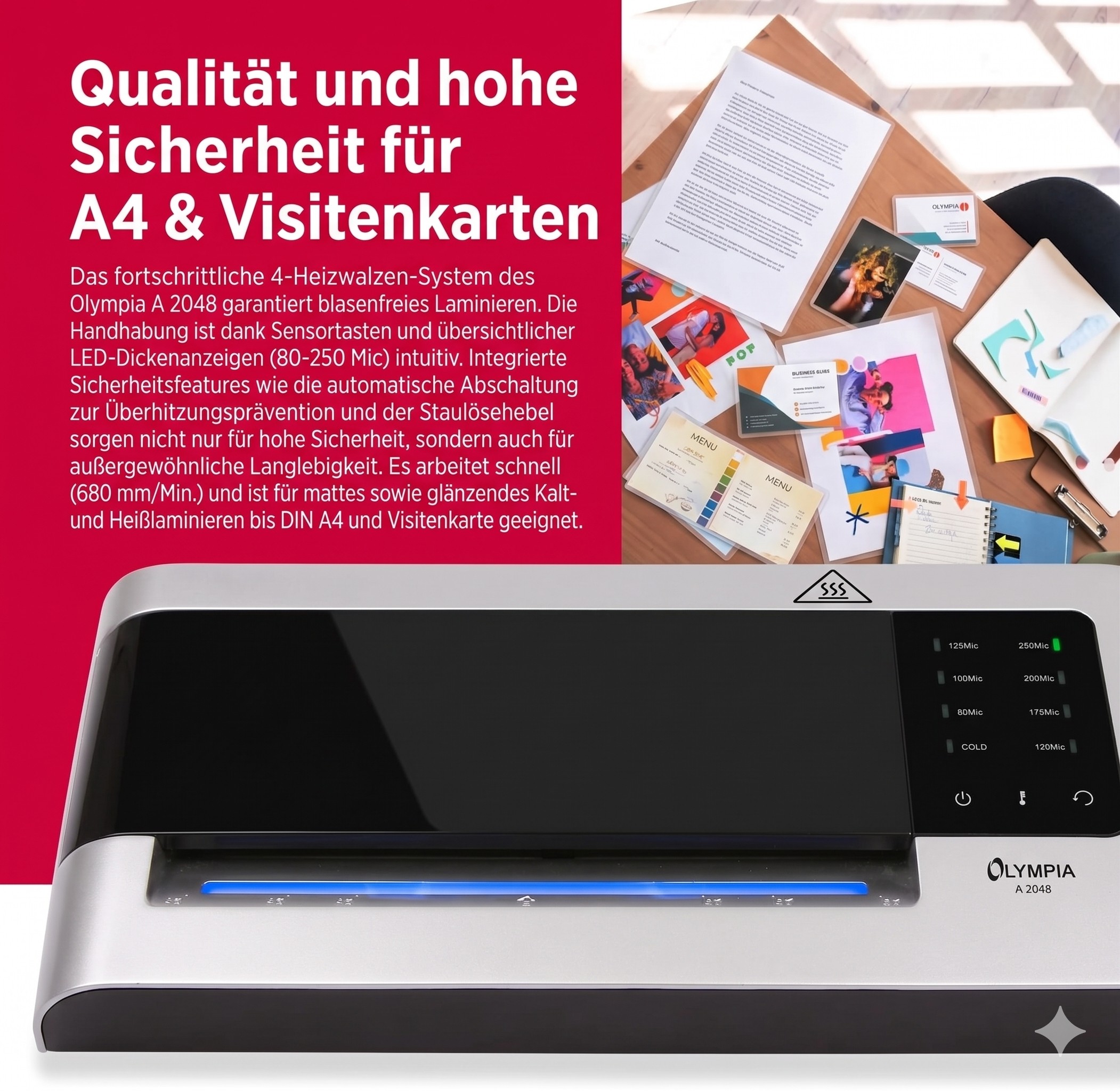 Olympia A 2048 A4 Laminiergerät Profi Laminiermaschine Schnell Heiß Kalt 4 Heizwalzen 80-250 Mic Olympia A 2048 A4 Laminiergerät Profi Laminiermaschine Schnell Heiß Kalt 4 Heizwalzen 80-250 Mic