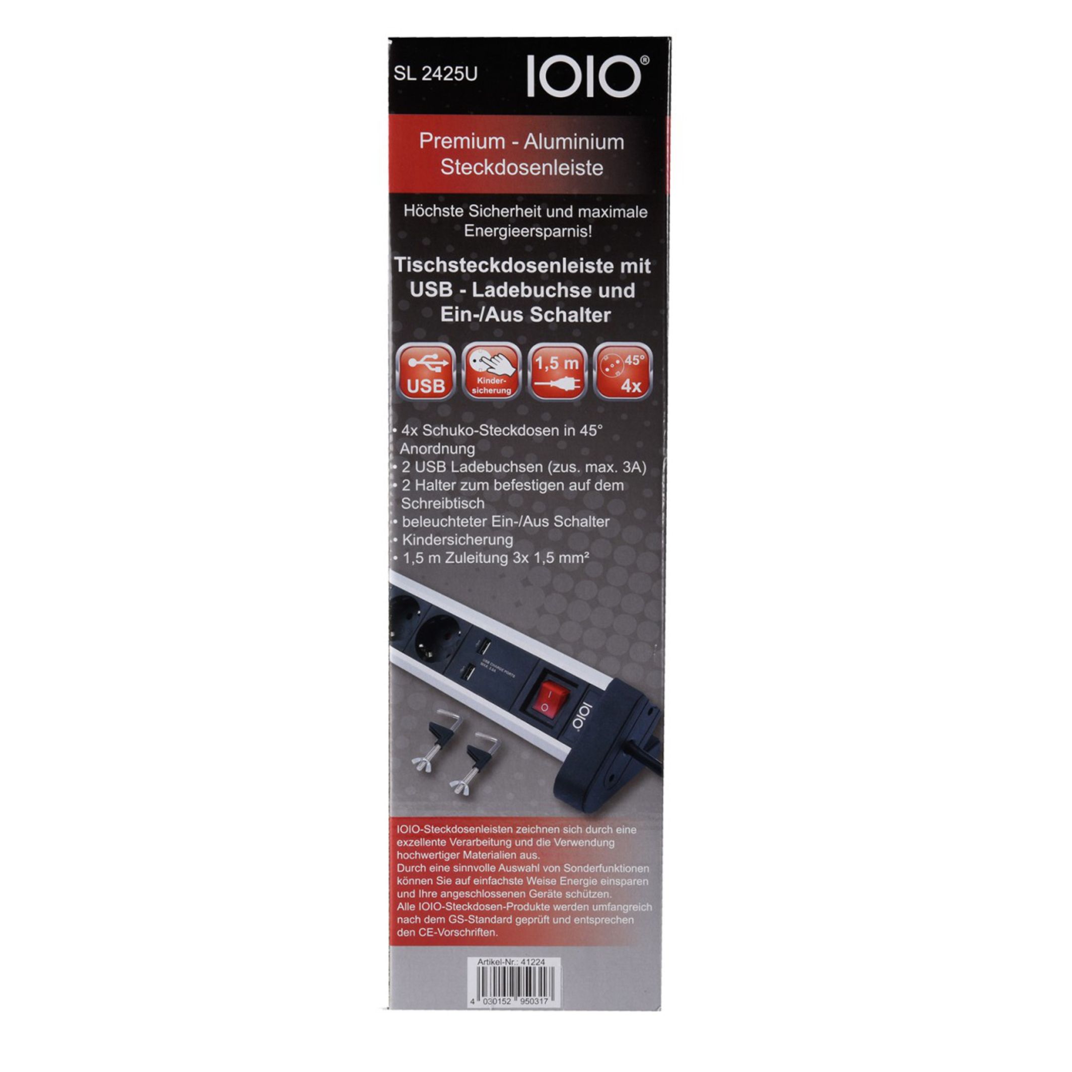 IOIO SL 2425U Aluminium 4-fach Schreibtisch Steckdosenleiste mit 2 x USB Ladefunktion IOIO SL 2425U Aluminium 4-fach Schreibtisch Steckdosenleiste mit 2 x USB Ladefunktion