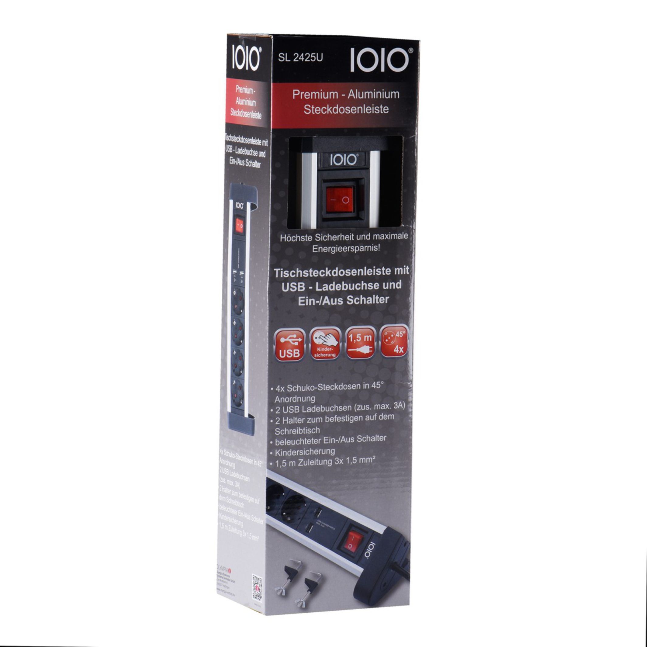 IOIO SL 2425U Aluminium 4-fach Schreibtisch Steckdosenleiste mit 2 x USB Ladefunktion IOIO SL 2425U Aluminium 4-fach Schreibtisch Steckdosenleiste mit 2 x USB Ladefunktion