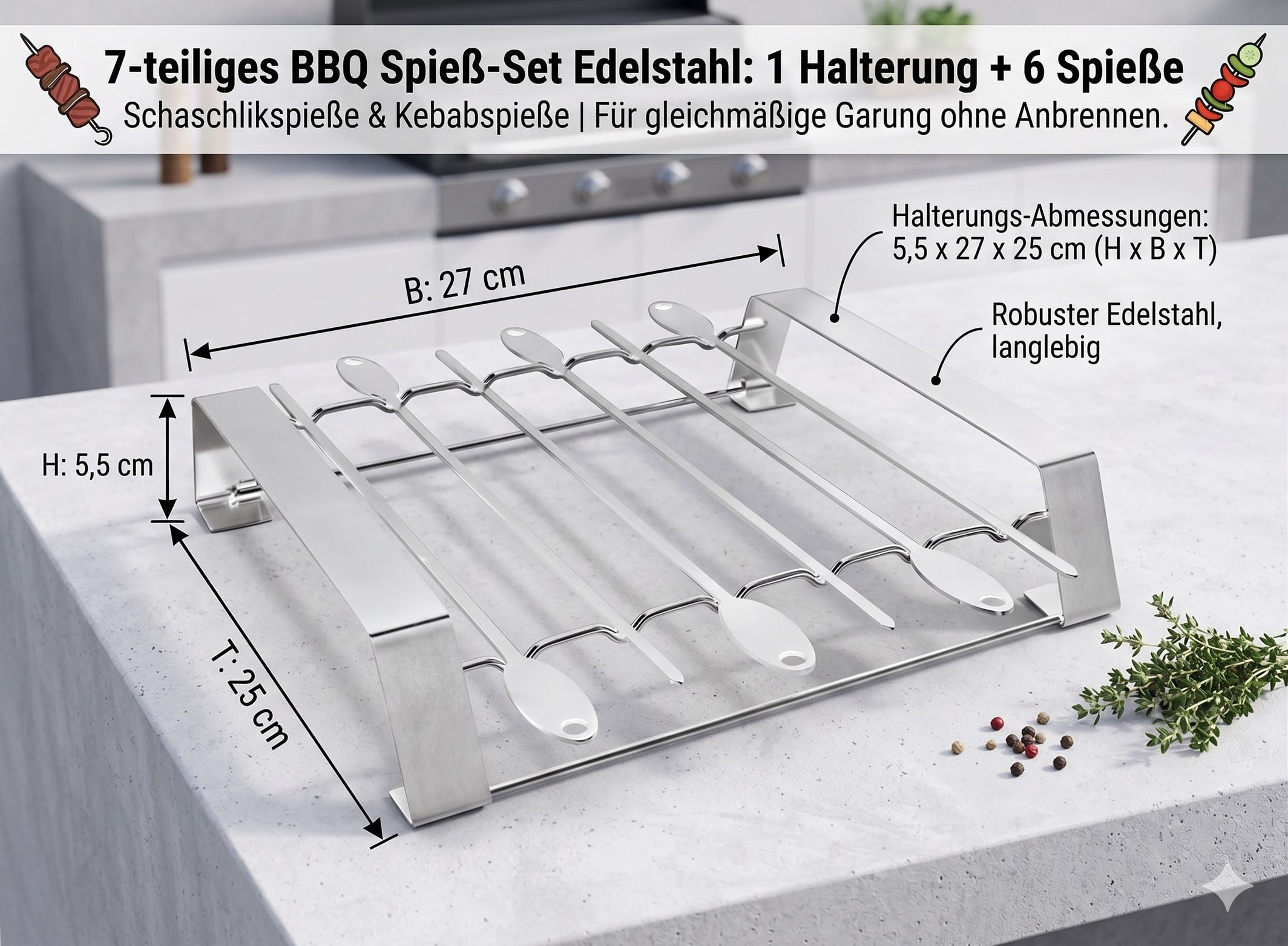7tlg. BBQ Schaschlik-Set Edelstahl Grillspieße Set mit Halter Kebab Spießständer 7tlg. BBQ Schaschlik-Set Edelstahl Grillspieße Set mit Halter Kebab Spießständer