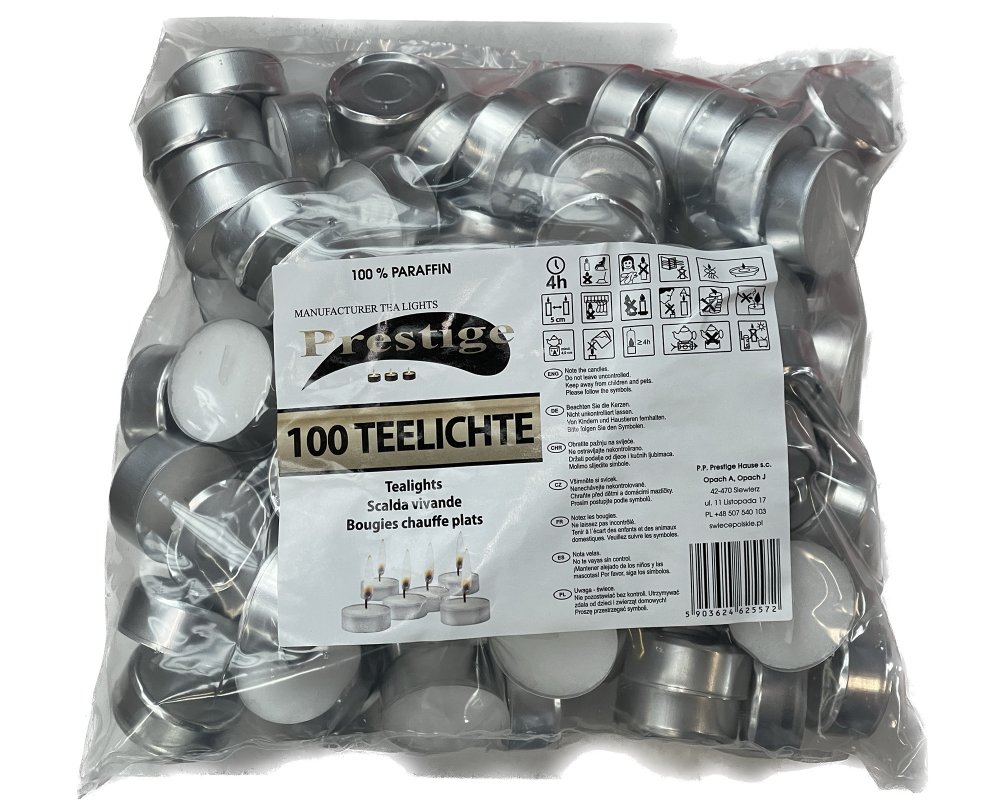 Prestige 100 Stück Teelichter 4h Brenndauer 100 % Paraffin Prestige 100 Stück Teelichter 4h Brenndauer 100 % Paraffin