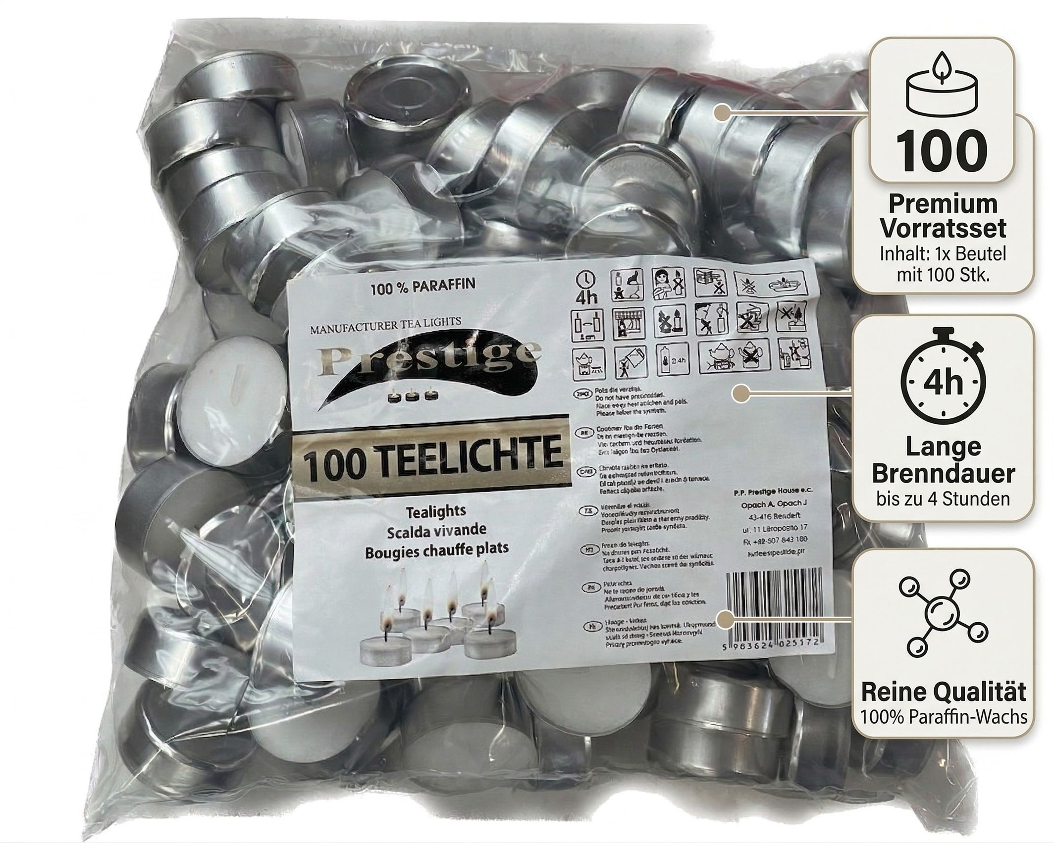 Prestige 100 Stück Teelichter 4h Brenndauer 100 % Paraffin Prestige 100 Stück Teelichter 4h Brenndauer 100 % Paraffin