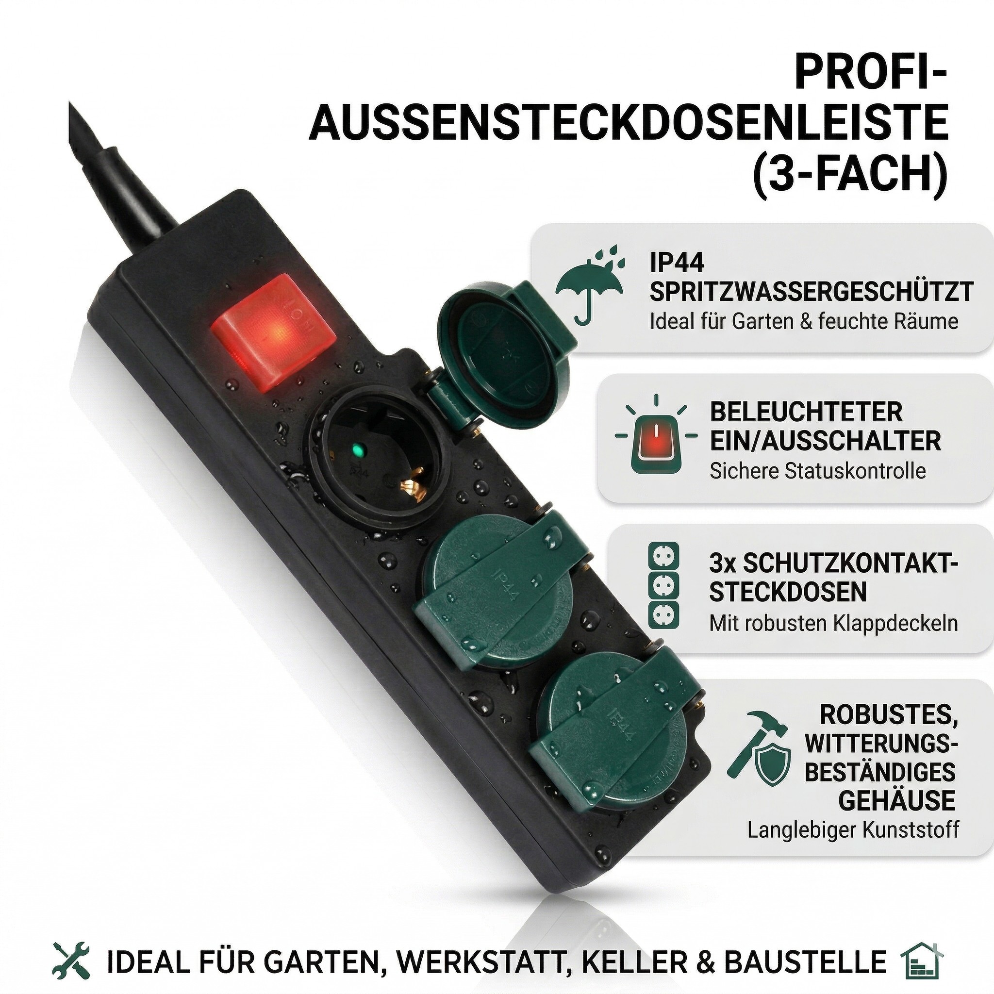 Feuchtraum-Steckdosenleiste 3-fach mit Klappdeckel spritzwassergeschützt IP44 Feuchtraum-Steckdosenleiste 3-fach mit Klappdeckel spritzwassergeschützt IP44