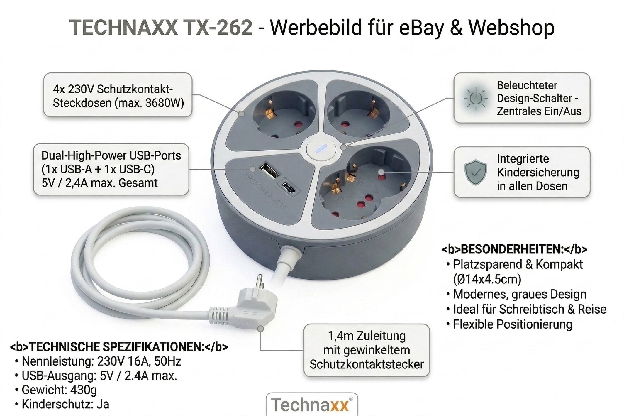 Technaxx Steckdosenleiste Rund 4-fach USB-C & USB-A Grau TX-262 | 3680W Design-Leiste Technaxx Steckdosenleiste Rund 4-fach USB-C & USB-A Grau TX-262 | 3680W Design-Leiste