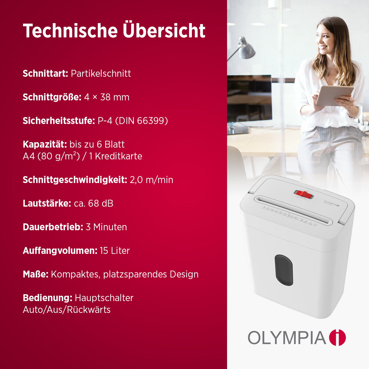 Olympia PS 53 CC Pro Aktenvernichter Partikelschnitt 4x38 mm 6 Blatt Olympia PS 53 CC Pro Aktenvernichter Partikelschnitt 4x38 mm 6 Blatt