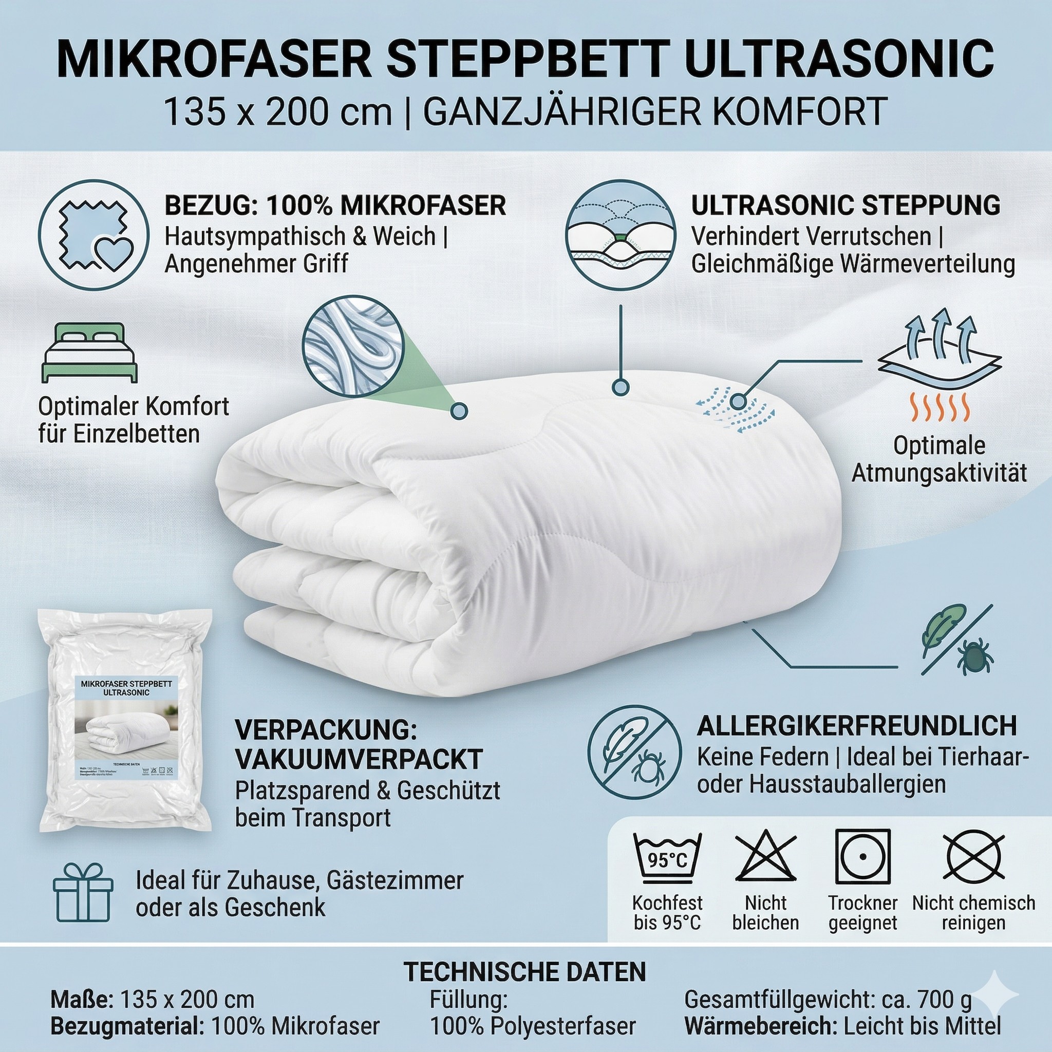 Premium Mikrofaser Steppbett Ultrasonic 135 × 200 cm, leicht & pflegeleicht Premium Mikrofaser Steppbett Ultrasonic 135 × 200 cm, leicht & pflegeleicht