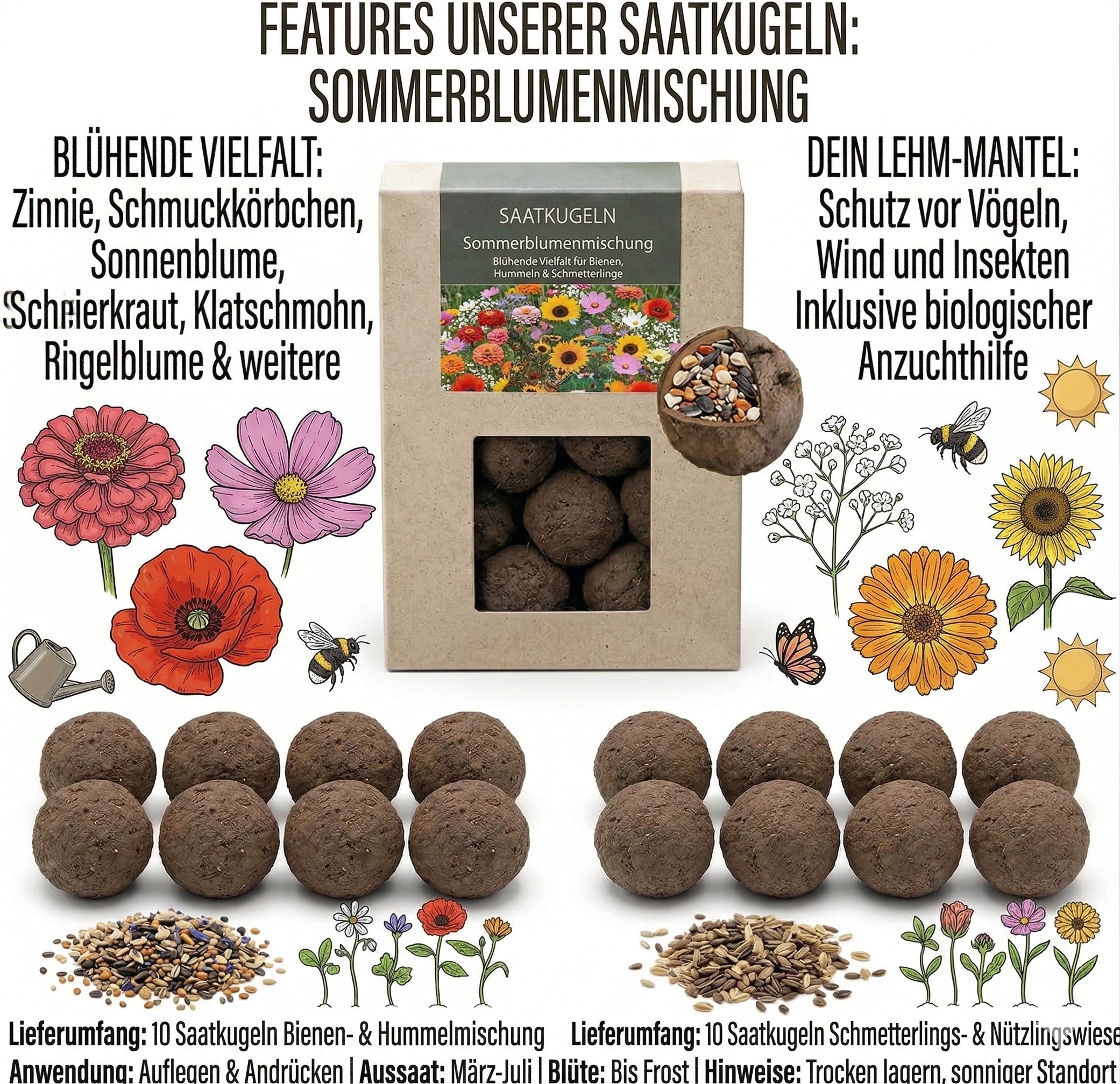 20 Stück Saatkugeln Sommerblumenmischung – Bienen- und Hummelmischung für Schmetterlinge & Nützlinge 20 Stück Saatkugeln Sommerblumenmischung – Bienen- und Hummelmischung für Schmetterlinge & Nützlinge