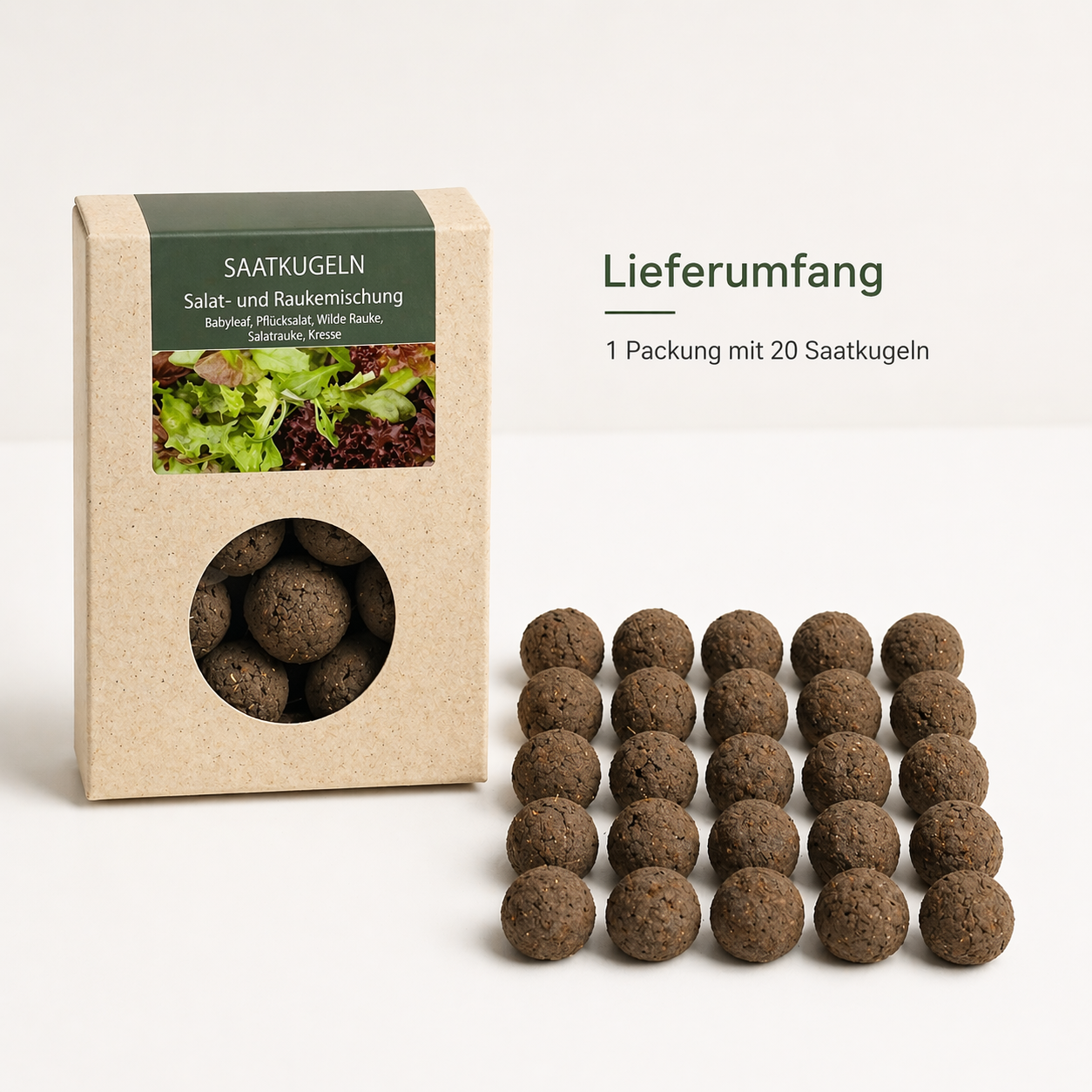 20 Stück Saatkugeln Salat- und Raukemischung – Babyleaf, Pflücksalat & Kresse 20 Stück Saatkugeln Salat- und Raukemischung – Babyleaf, Pflücksalat & Kresse