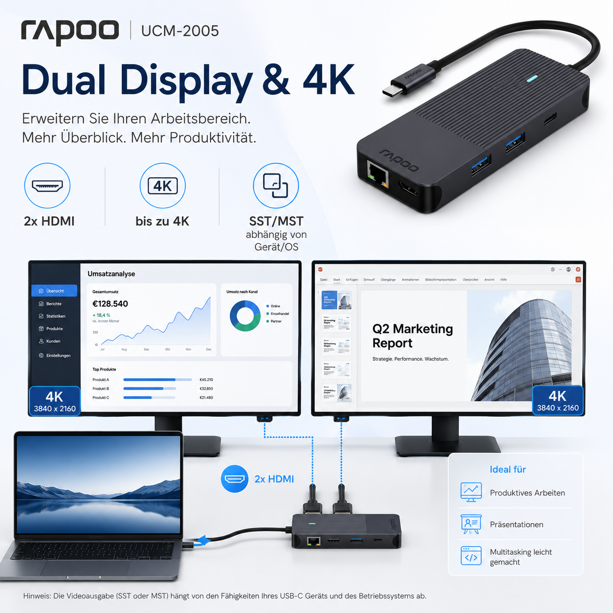 USB-C Multiport Adapter 10-in-1 Rapoo UCM-2005 mit Dual HDMI 4K, PD 100W, Gigabit, SD, USB 5Gbps USB-C Multiport Adapter 10-in-1 Rapoo UCM-2005 mit Dual HDMI 4K, PD 100W, Gigabit, SD, USB 5Gbps