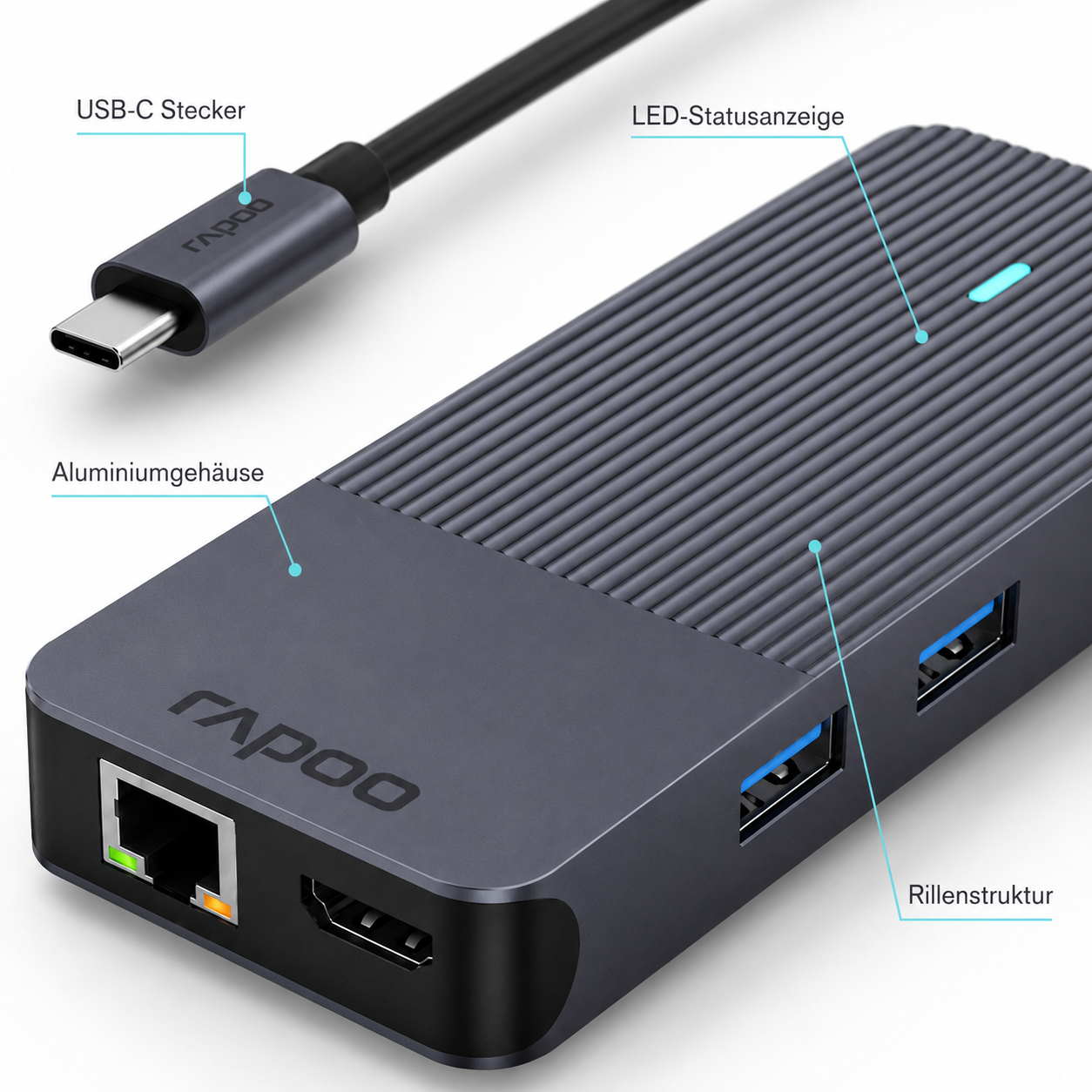 USB-C Multiport Adapter 10-in-1 Rapoo UCM-2005 mit Dual HDMI 4K, PD 100W, Gigabit, SD, USB 5Gbps USB-C Multiport Adapter 10-in-1 Rapoo UCM-2005 mit Dual HDMI 4K, PD 100W, Gigabit, SD, USB 5Gbps