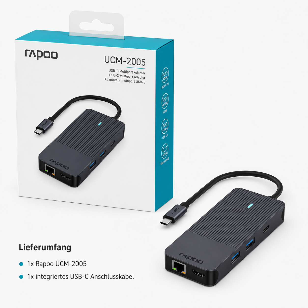 USB-C Multiport Adapter 10-in-1 Rapoo UCM-2005 mit Dual HDMI 4K, PD 100W, Gigabit, SD, USB 5Gbps USB-C Multiport Adapter 10-in-1 Rapoo UCM-2005 mit Dual HDMI 4K, PD 100W, Gigabit, SD, USB 5Gbps