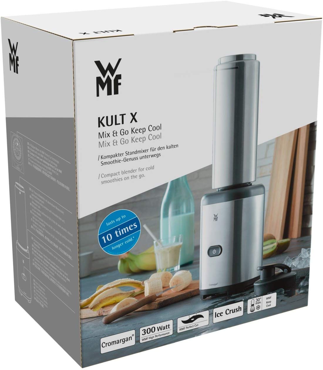 WMF Kult X Mix & Go Keep Cool Mini Smoothie Maker mit 1 Mixbehälter, Shake Mixer, Blender elektrisch, 300 Watt, Thermoflasche 600ml, Kühlfunktion, edelstahl matt