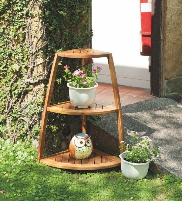 Eckregal geölt Akazienholz Gartenregal Blumenregal Dekoregal
