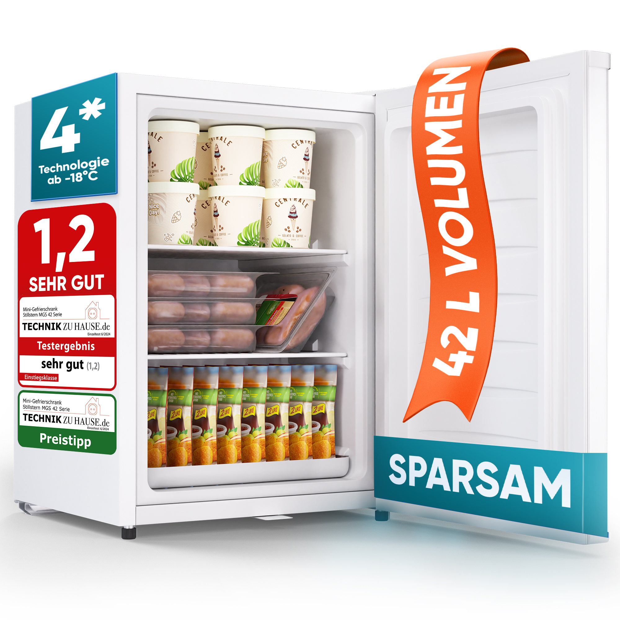 Mini-Gefrierschrank mit Schloss E 42L, 4-Sterne, Leise, Gefrierbox, Weiß