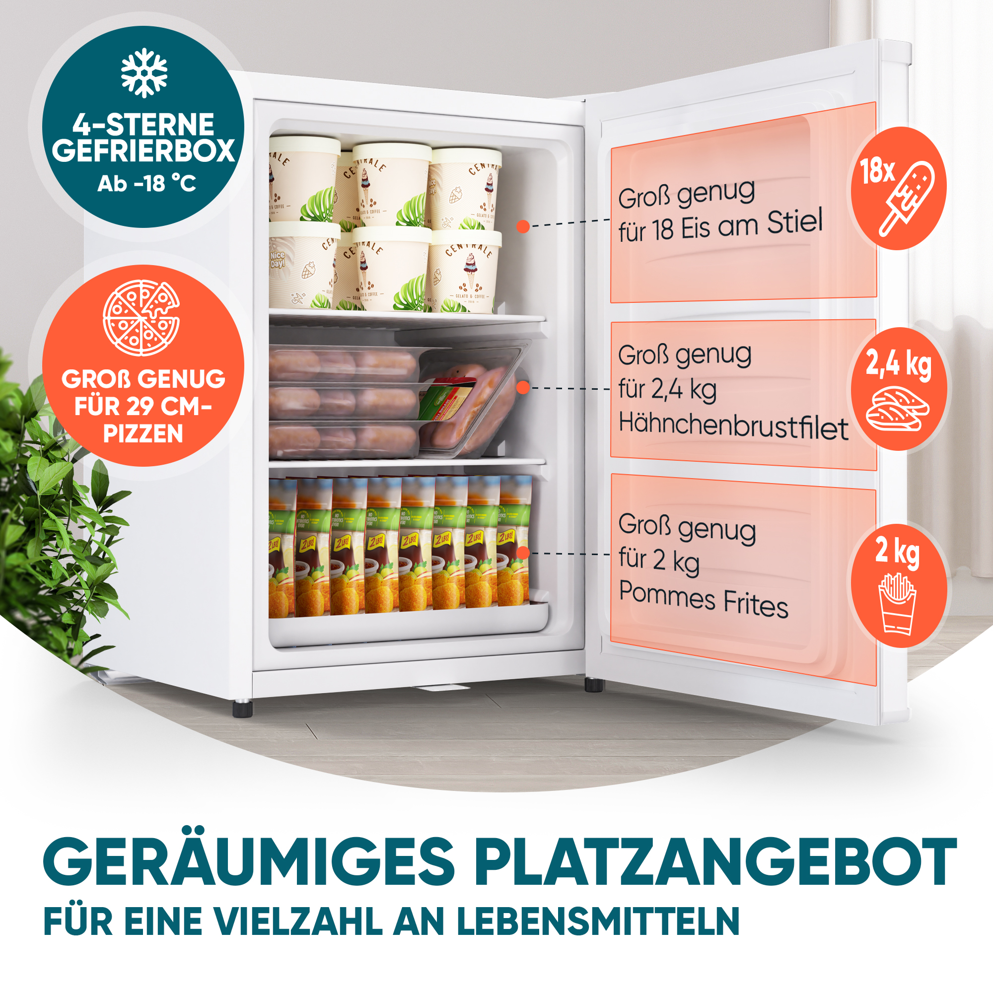 Mini-Gefrierschrank mit Schloss E 42L, 4-Sterne, Leise, Gefrierbox, Weiß