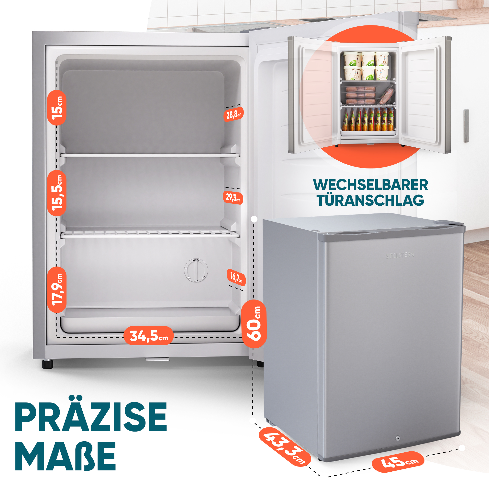Mini-Gefrierschrank mit Schloss E 42L, 4-Sterne, Leise, Gefrierbox, Silber