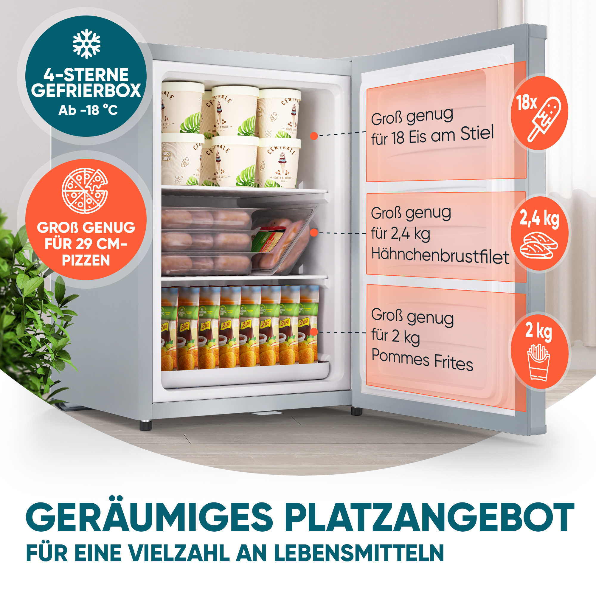 Mini-Gefrierschrank mit Schloss E 42L, 4-Sterne, Leise, Gefrierbox, Silber
