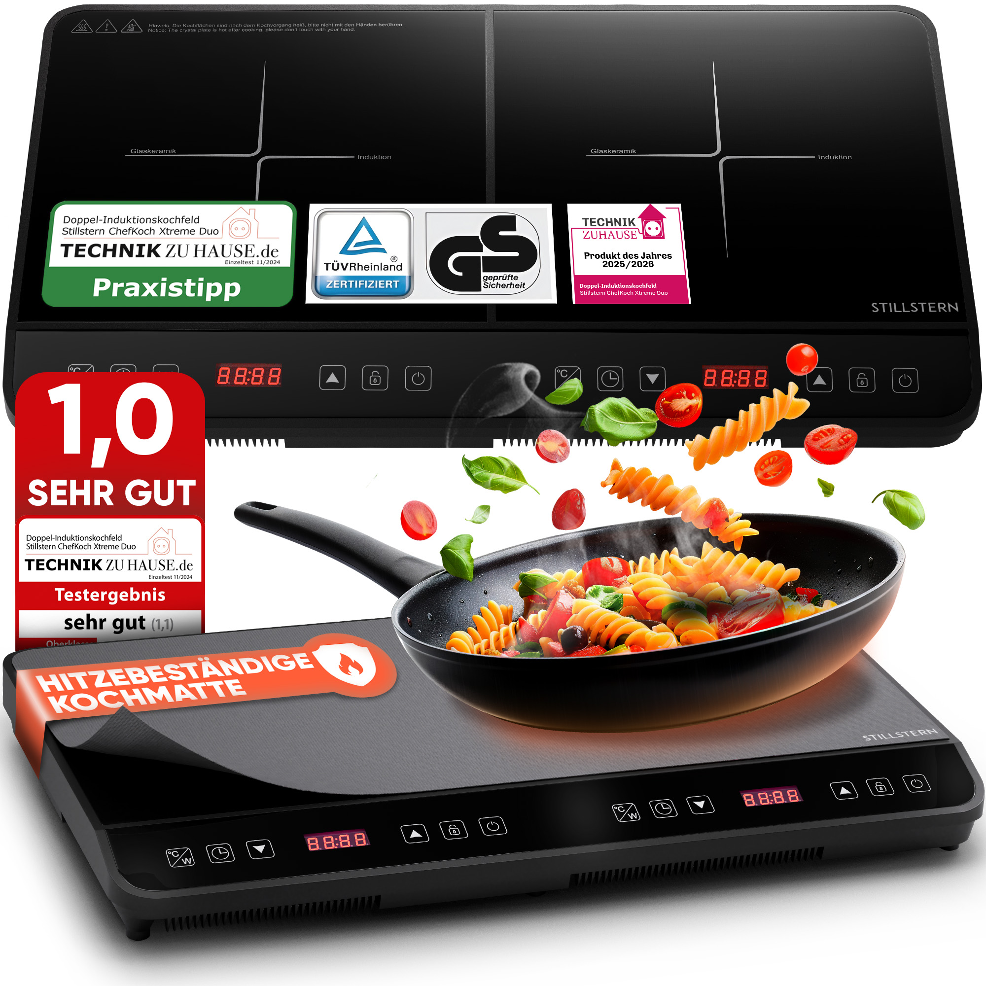 Doppel-Induktions-Kochfeld, -Kochplatte 3600W, 18 Stufen, 24h Timer