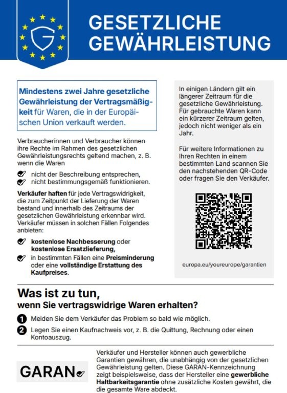 EU-Hinweis zur gesetzlichen Gewährleistung: mindestens zwei Jahre gesetzliche Gewährleistung der Vertragsmäßigkeit für Waren, die in der Europäischen Union verkauft werden.