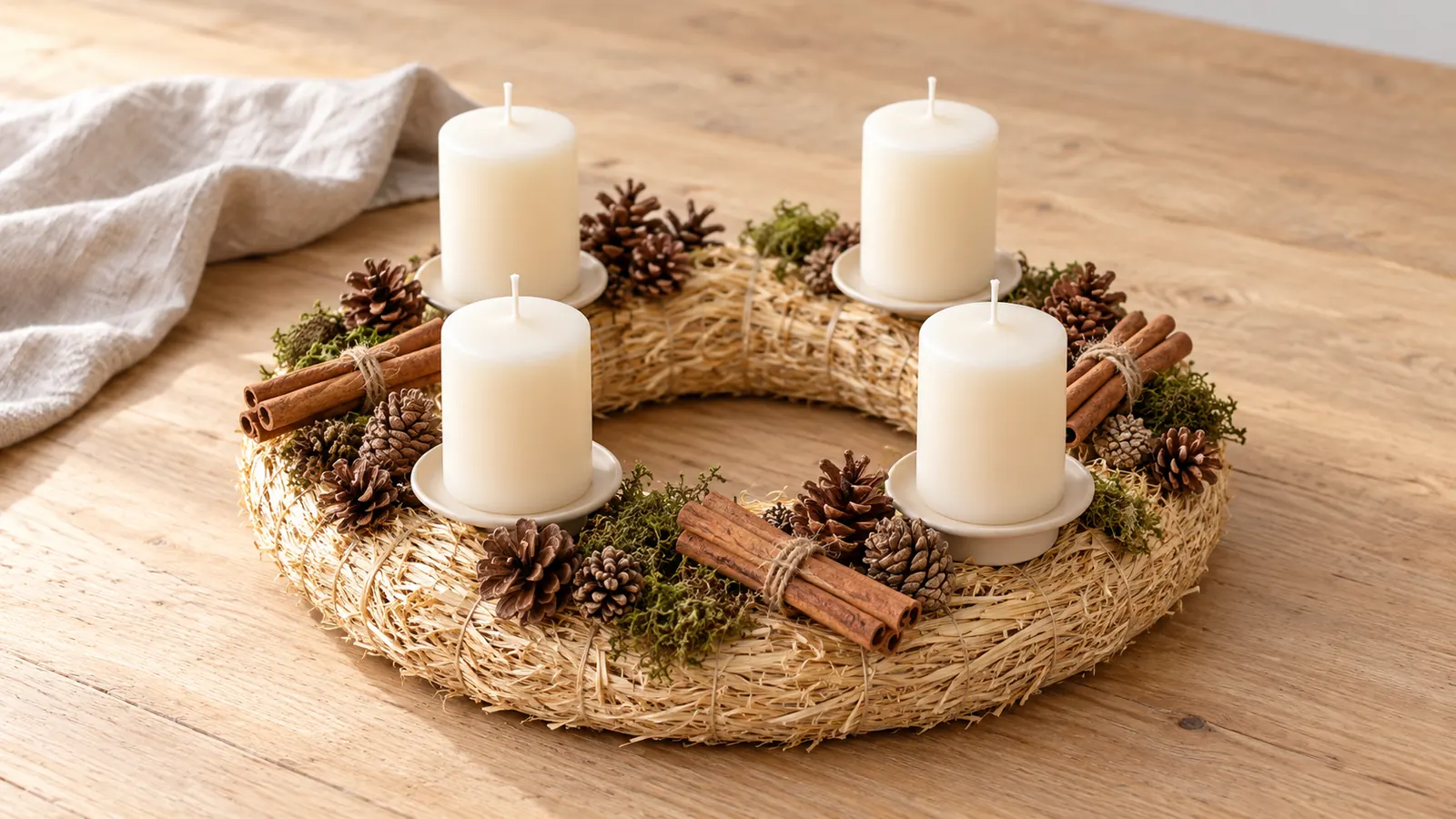 Adventskranz aus Strohkranz mit Kiefernzapfen, Zimtstangen und Moos