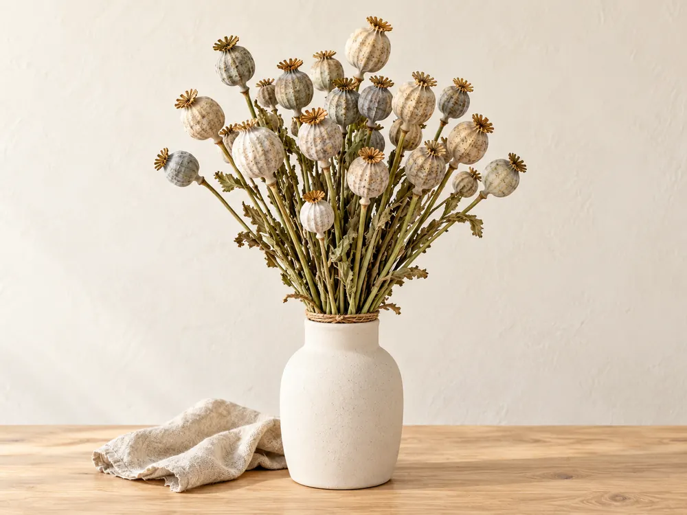 Strauß aus getrockneten Mohnkapseln in Keramikvase