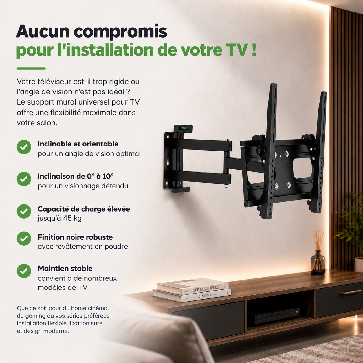 Support mural TV orientable et inclinable dans le salon