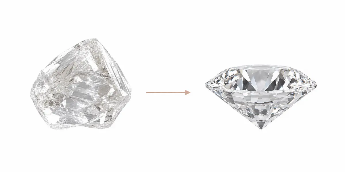 Weißer Rohdiamant und geschliffener Brillant in Seitenansicht