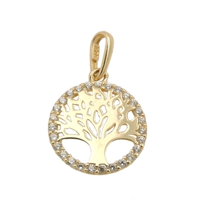 Anhänger 11mm Lebensbaum rund glänzend mit weißen Zirkonia 375 Gold Gelbgold