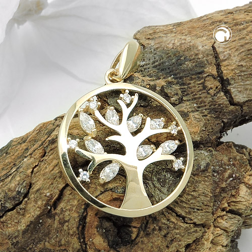 Anhänger 17mm Lebensbaum Zirkonia 375 Gelbgold