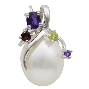 Anhänger Süßwasser Perle 12x17mm & Amethyst Granat Peridot 925 Silber Damen