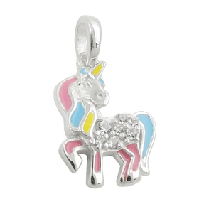 Anhänger für Kinder 15x11mm Einhorn mit farbigen Einlagen Zirkonia 925 Silber